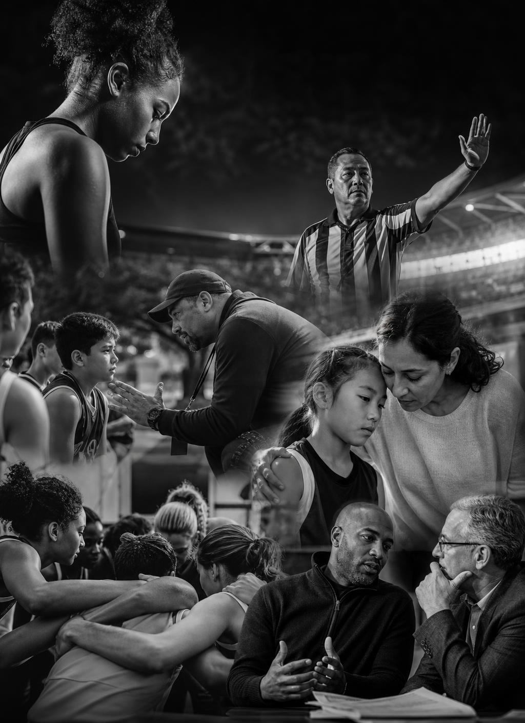 Black-and-white montage of athletes, coaches, officials, sports parents, teams, and sports organization leaders